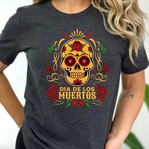 Dia De Los Muertos Shirt, Day of the Dead Tee, Spooky Season Attire, Halloween, Skull and Flowers T-Shirt, Sugar Skull