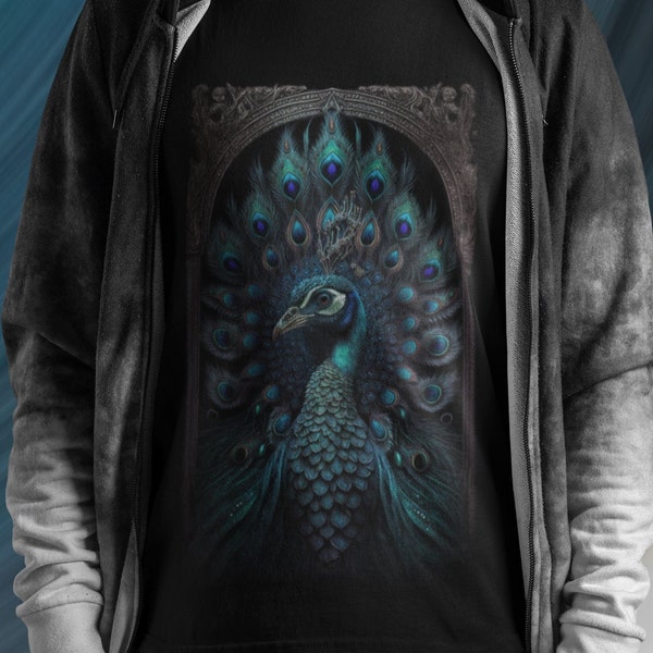 Peacock Gifts Goth Shirt Indian Mythology Dark Academia Nu Goth T-shirt Blue Cyan Dark Fantasy Hinduism India Aesthetic T Shirt Feather