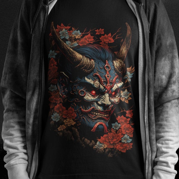 Japanese Aesthetic Shirt, Floral Oni Demon Mask, Gothic Tshirt, Y2K and Mall Goth, Anime Cosplay Gift, Otaku