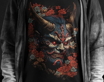 Japanese Aesthetic Shirt, Floral Oni Demon Mask, Gothic Tshirt, Y2K and Mall Goth, Anime Cosplay Gift, Otaku