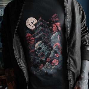 Chinese Skull Demon Shirt Otaku Gothic Pagoda Castle Tshirt Nu Goth T-shirt Dark Fantasy Asian Aesthetic T Shirt