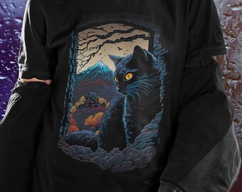 Gothic schwarze Katze Shirt, japanische Ästhetik, Geschenk für Gothics, Anime Otaku Tee, Dark Cottagecore, Y2K Mall Goth Fashion, Halloween Tshirt