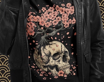 Goth-schedelshirt met kersenbloesems, anime-T-shirt, cottagecore-gotiek bloemen, Japanse esthetiek, cadeaus voor gothics, heksenstijl, sakuraboom