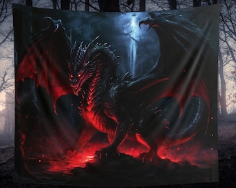 Tapisserie murale fantastique Dragon noir dans la forêt Art fantastique tenture murale joueur de rôle tapisserie gothique donjon païen décor de bureau