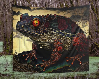 Tapiz de pared Sapo de pantano gótico Arte de fantasía japonés Colgante de pared Naturaleza brujería Bosque Academia oscura Bosque Rana gótica Tapices de Japón