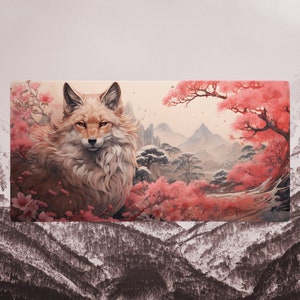 Japanese Desk Mat Kitsune Fox with Pretty Cherry Blossoms XXL Mousepad Otaku Large Desks Pad Anime XL Gaming Mats Japan Decor Art