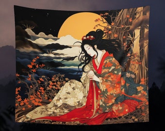 Wall Tapestry Japanese Girl Above the Clouds Asian Fantasy Art Wall Hanging Nature Japan Landscape Beautiful Colorful Home Decor
