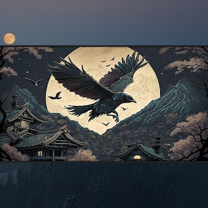 Goth Decorative Mousepad, Raven Moon Gaming Desk Mat, Japanese Aesthetic, Long XL Mouse pad Anime, Computer Accessories, Gift for Goths