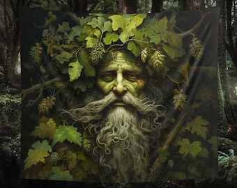 Tapiz de pared Hombre verde con barba Jardín Arte de fantasía Colgante de pared BoHo Naturaleza Botánica Wiccan Hermosa decoración pagana floral bruja