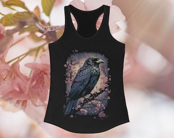 Goth Top Racerback Tank Raven and Cherry Blossom Tank Top Shirt Ravens Halloween Goth Shirt Aesthetic Shirt Japanese Anime Dark Academia
