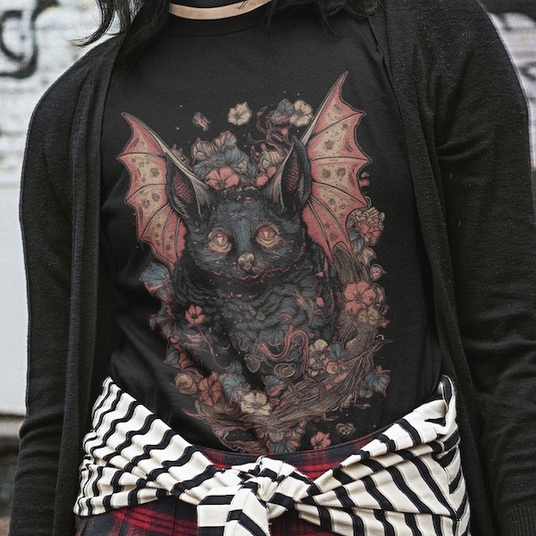 Kawaii Goth Shirt, entzückende Anime Fledermaus, Florales dunkles Cottagecore T-Shirt, buntes Fledermaus Liebhaber Geschenk, süßes Witchy Ästhetisches Tshirt, Halloween