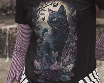 Gothic Black Cat Shirt, Goth Japanese Aesthetic, Anime Otaku Tee, Floral Witchy Halloween Tshirt, Gift for Goths, Dark Cottagecore