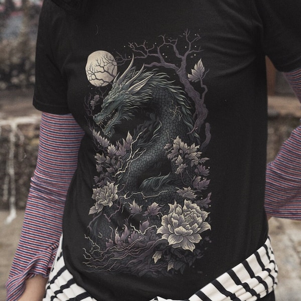 Otaku Gothic Dragon Shirt Spooky Tshirt Nu Goth T-shirt Japan Fantasy Aesthetic T Shirt Japanese Asian Dark Academia