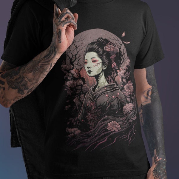 Otaku Gothic Geisha Shirt Spooky Tshirt Nu Goth T-Shirt Süßes Japan Fantasy Ästhetik T-Shirt Japanisch Asiatisch Dark Academia