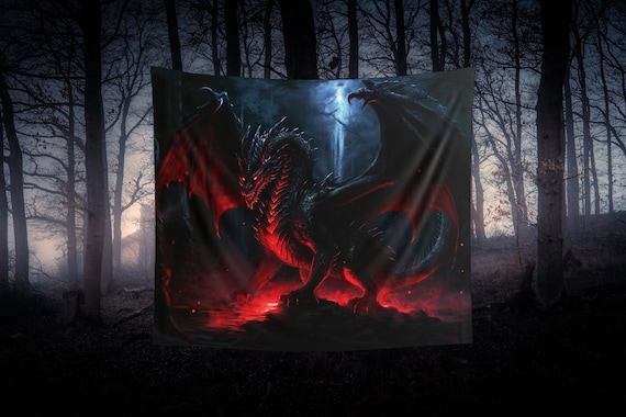Fantasy Wall Tapestry Black Dragon in the Forest Fantasy Art Wall Hanging Roleplayer Gothic Tapestry Dungeon Pagan Office Decor