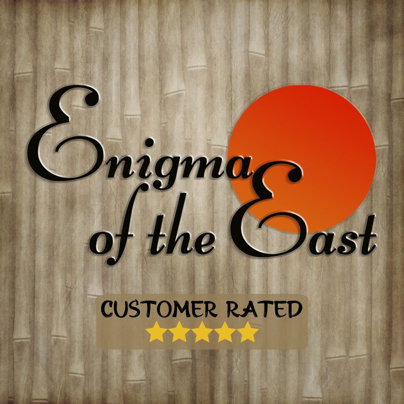 May include: A stylized image of a rising sun with the text "Enigma of the East" in black script. The background is a wood grain pattern. The text "CUSTOMER RATED" appears below the image with five gold stars.