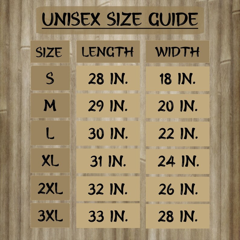 May include: Unisex size guide chart with columns for size, length, and width. The chart shows sizes S through 3XL with corresponding measurements in inches.