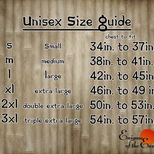 May include: Unisex size guide chart with measurements in inches for small, medium, large, extra large, double extra large, and triple extra large sizes. The chart shows the chest measurement in inches for each size.
