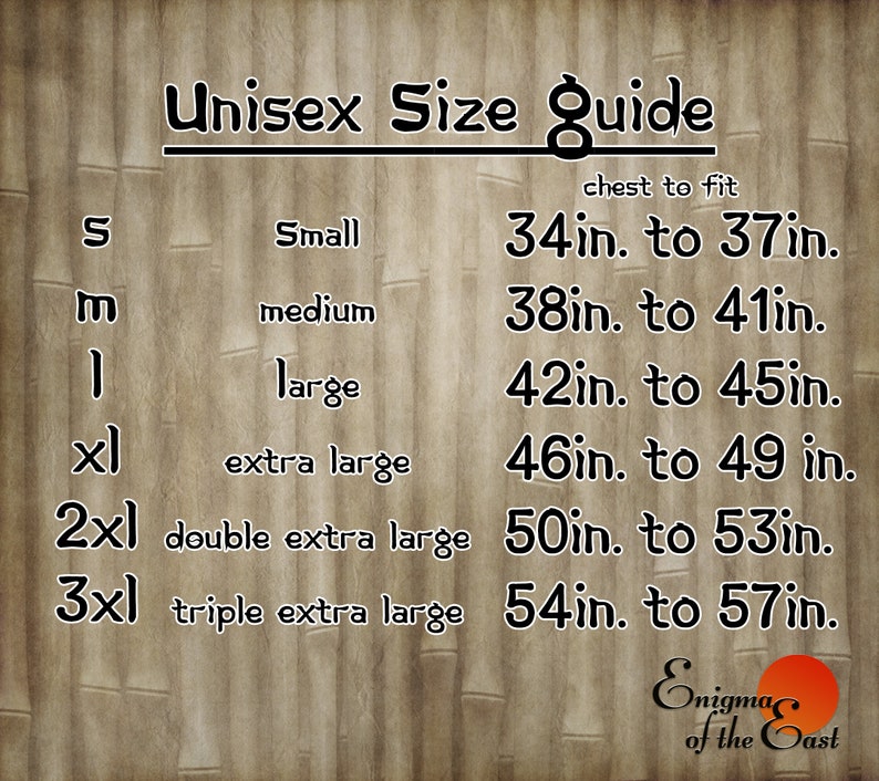 May include: Unisex size guide chart with measurements in inches for small, medium, large, extra large, double extra large, and triple extra large sizes. The chart shows the chest measurement in inches for each size.