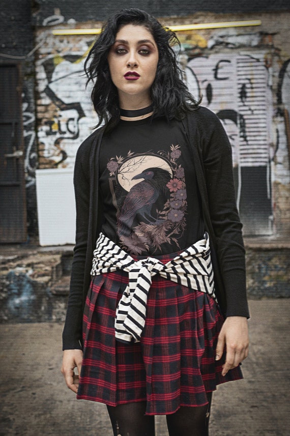 Goth Raven Moon Shirt, Witchy Aesthetic, Colorful Floral Dark Cottagecore Tee, Anime Otaku Japanese Style, Gift for Goths, Halloween Tshirt