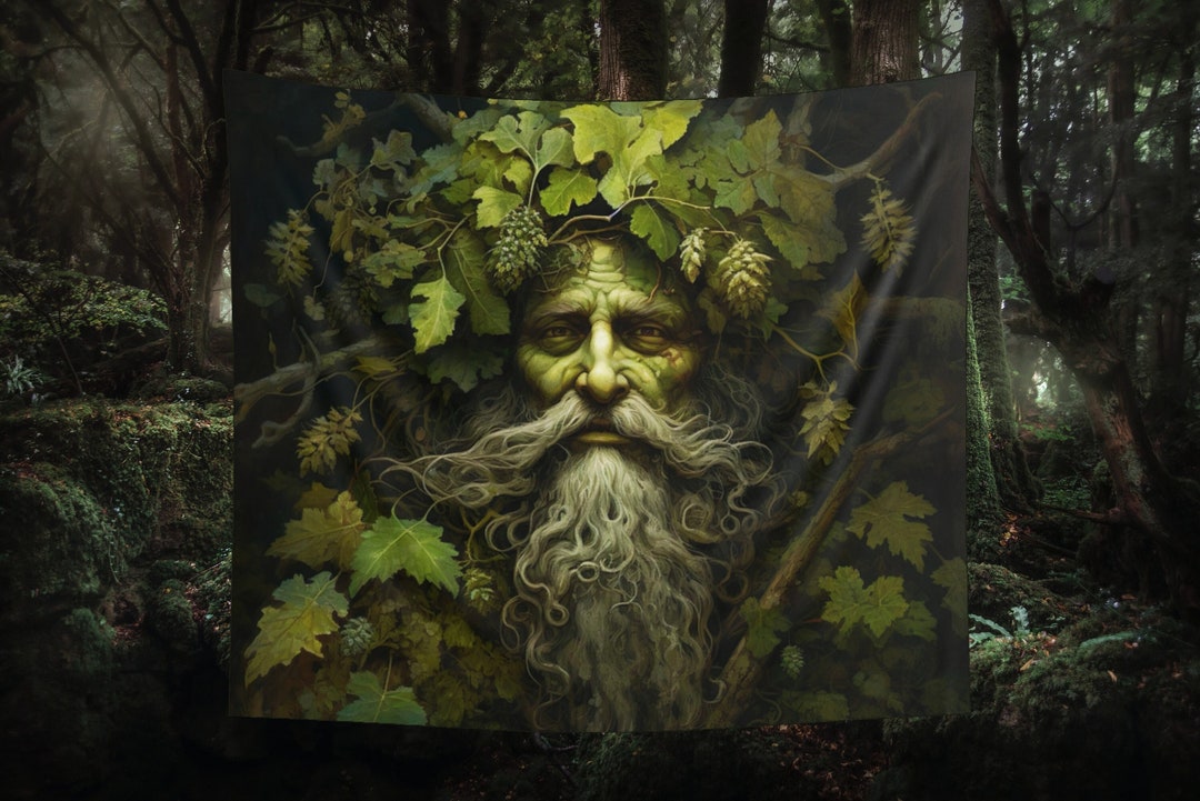 Wall Tapestry Green Man With Beard Garden Fantasy Art Wall Hanging Boho