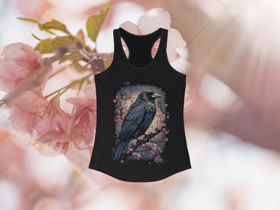 Goth Top Racerback Tank Raven and Cherry Blossom Tank Top Shirt Ravens Halloween Goth Shirt Aesthetic Shirt Japanese Anime Dark Academia