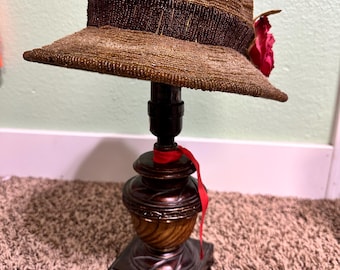 Vintage wood carved lamp with antique beaded Hat lamp shade