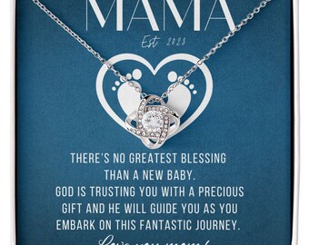 Mama Est. 2023 Love Knot Necklace: 14k White Gold, Cubic Zirconia