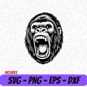 以下が含まれることがあります： 口を開けて吠えているゴリラの白黒イラスト。ゴリラの顔は画像の中心で、歯と舌が見えています。
