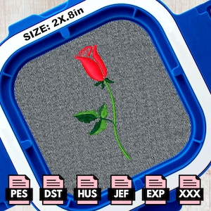 May include: An embroidered red rose with green leaves and stem, displayed on a gray fabric background. The design is 2 inches by 8 inches. The image also shows various file formats: PES, DST, HUS, JEF, EXP, and XXX.