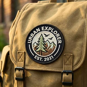 May include: A tan canvas backpack featuring a circular embroidered patch on the front flap. The patch displays a pine tree, mountains, and birds with the text "URBAN EXPLORER" and "EST. 2021" in white lettering on a black background.