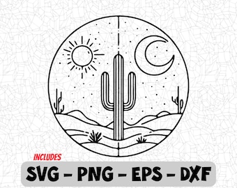 Escena del desierto SVG / Cactus minimalista y luna Clipart para Cricut y Silhouette / Archivos PNG, EPS, Dxf