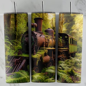 Diseño de sublimación de tren de vapor abandonado para vasos flacos de 20 oz, diseños PNG de vaso, envolturas png de vaso de 20 oz. Plantilla para Sublimación