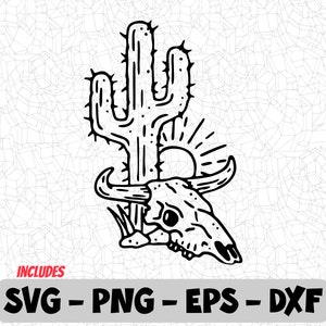 サボテンと頭蓋骨 SVG | 西部砂漠のクリップアート PNG、EPS、DXF | Cricut と Silhouette の素朴なカウボーイ デザイン