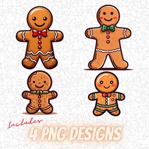 Gingerbread Man PNG Bundle | 4 Cute Gingerbread Clipart Designs for Christmas Crafts