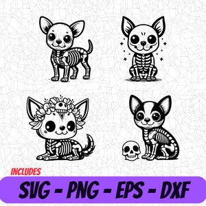 Pacote SVG de Cachorro do Dia dos Mortos | Clipart de Chihuahua Esqueleto Fofo para Artesanato