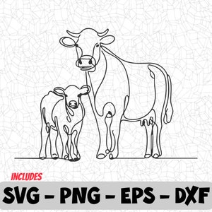 Cow and Calf Line Art SVG | Farm Animal Outline Clipart | PNG, EPS, Dxf for Cricut, Silhouette, and Sublimation Crafts