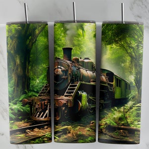 Diseño de sublimación de tren de vapor abandonado para vasos flacos de 20 oz, diseños PNG de vaso, envolturas png de vaso de 20 oz. Plantilla para Sublimación