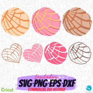 May include: A set of six digital cut files featuring various shapes of Mexican sweet bread, known as pan dulce, in different colors. The shapes include a heart, a circle, and a round shape. The files are available in SVG, PNG, EPS, and DXF formats. Commercial use is allowed.