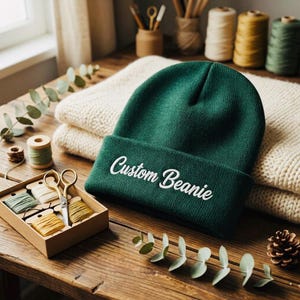 May include: A dark green knit beanie featuring the white embroidered text Custom Beanie on the folded cuff. The hat is made of a ribbed fabric and is positioned on a wooden surface next to a small box containing sewing supplies and scissors.