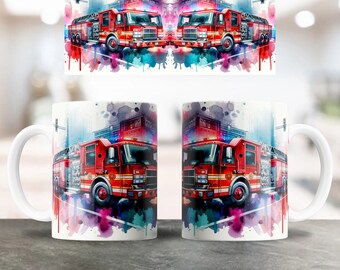 Firetruck PNG Design for 12oz & 15oz Coffee Mugs - Sublimation Fireman Design, Heroic Drinkware Art, Fireman Ceramic Mug Design