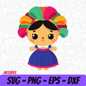 May include: A colorful, cartoon-style doll with a bright blue dress, a pink, green, and yellow head wrap, and a big smile. The doll is a traditional Mexican folk art design.
