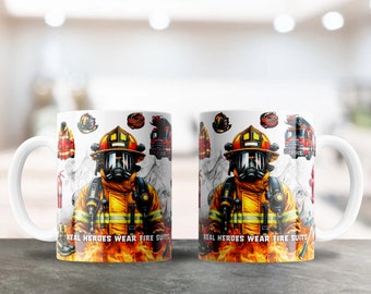 Firefighter PNG for 12oz & 15oz Coffee Mugs - Sublimation Fireman Design, Heroic Drinkware Art, Fireman Ceramic Mug Design