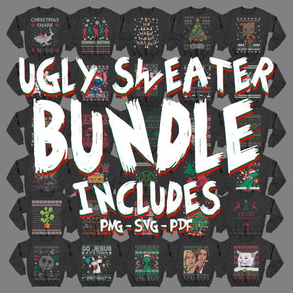 Ugly Sweater PNG Design Bundle, Christmas T-Shirt Designs for DTF, DTG, Screen Printing, Sublimation.