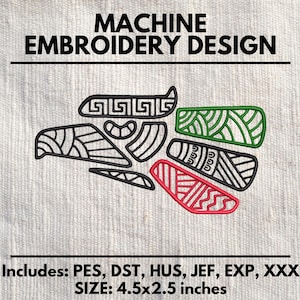 Puede incluir: Diseño de bordado a máquina de un águila estilizada con detalles en negro, rojo y verde. El diseño incluye el texto "MACHINE EMBROIDERY DESIGN" y "Includes: PES, DST, HUS, JEF, EXP, XXX SIZE: 4.5x2.5 inches".
