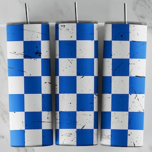 May include: Three stainless steel tumblers featuring a blue and white chequered pattern. The pattern has a distressed look, giving it a vintage feel.