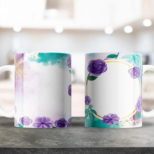 Conception de tasse aquarelle de fleurs, conception PNG par sublimation pour tasses à café de 12 et 15 oz, ajoutez votre nom ou votre texte