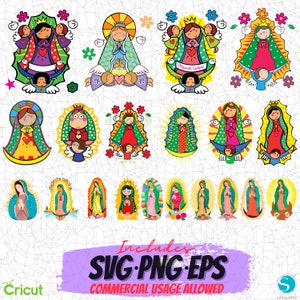Virgencita Svg Design, File PNG Clipart, Disegni a sublimazione, File Cricut Cut, Silhouette, File vettoriali, Virgen De Guadalupe