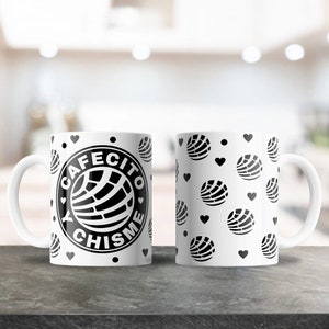 May include: Two white ceramic mugs with black designs. One mug features a black and white logo with the text "Cafecito Chis-me" and a stylised pastry. The other mug has a repeating pattern of black hearts and stylised pastries.