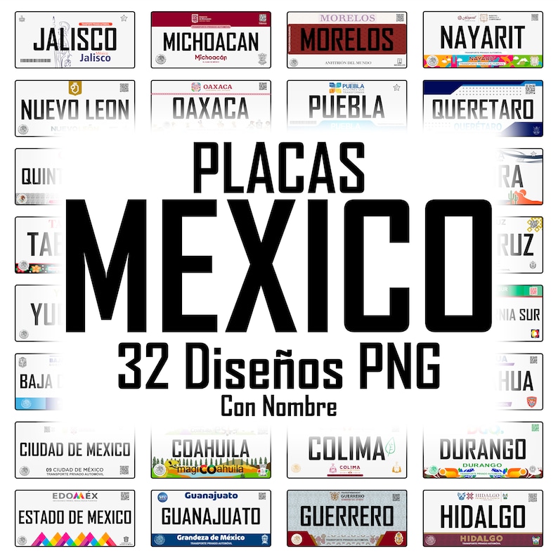 Puede incluir: Un collage de 32 placas de matr&iacute;cula mexicanas diferentes, cada una con un dise&ntilde;o &uacute;nico y el nombre del estado que representa. Las placas est&aacute;n dispuestas en una cuadr&iacute;cula y est&aacute;n rodeadas por el texto "PLACAS MEXICO 32 Dise&ntilde;os PNG Con Nombre".